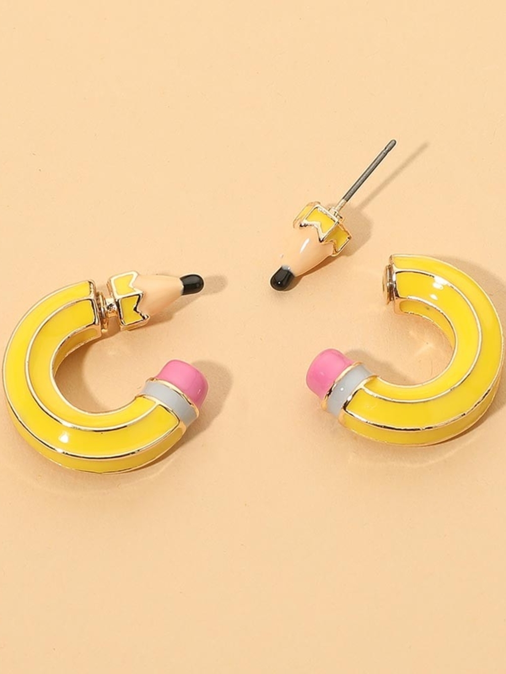 Yellow Enamel Teacher Hoop Earrings Pencil Gold School Gift Cute Playful Student
